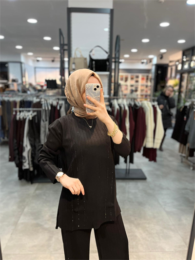 Nuss Triko Baskı Taşlı Tunik Pantolon Triko Takım - Siyah