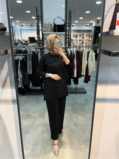 Nuss Triko Baskı Taşlı Tunik Pantolon Triko Takım - Siyah