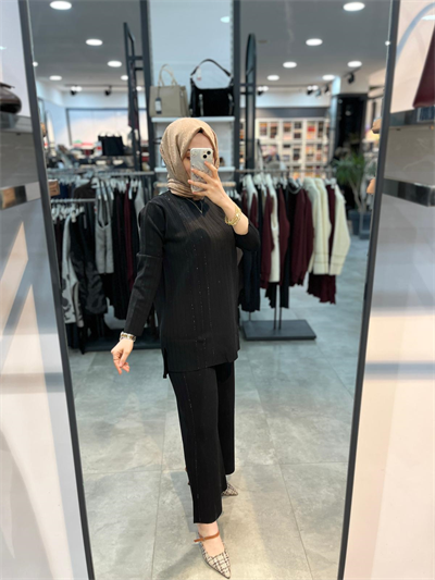 Nuss Triko Baskı Taşlı Tunik Pantolon Triko Takım - Siyah