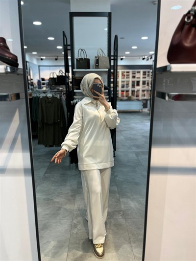 Nuss Triko Kolu Pantolonu Ribana Şeritli Takım - Ekru