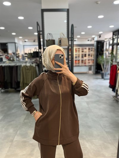 Nuss Triko Kolu Pantolonu Ribana Şeritli Takım - Kahve