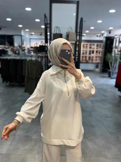 Nuss Triko Kolu Pantolonu Ribana Şeritli Takım - Ekru