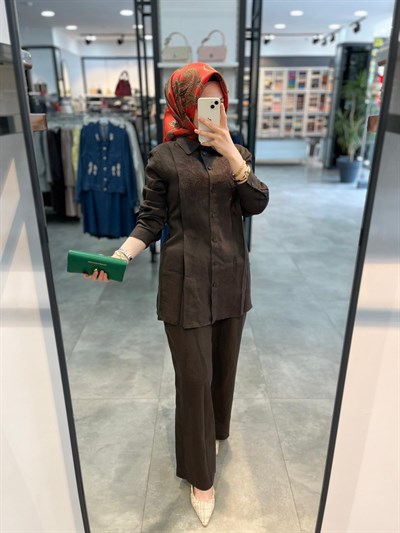 Nuss Triko Önü İşlemeli Pantolonlu Takım - Kahve