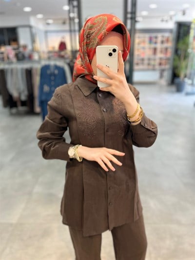 Nuss Triko Önü İşlemeli Pantolonlu Takım - Kahve
