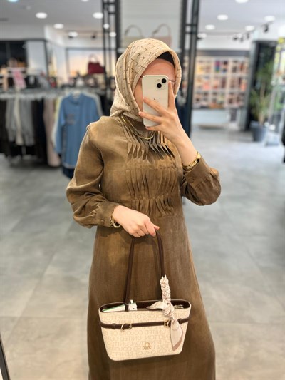 Nuss Triko Önü Nervür Detaylı Elbise - Açık Kahve