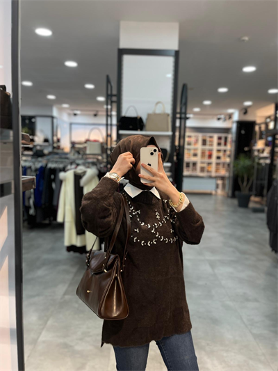 Nuss Triko Önü Taşlı Angora Tunik - Kahve