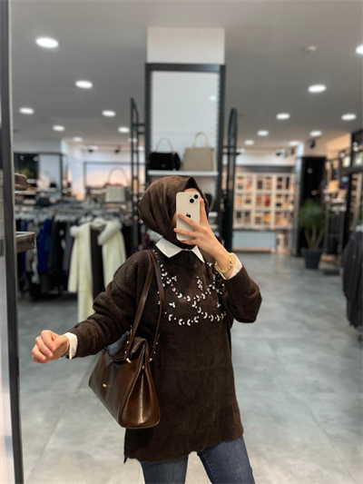Nuss Triko Önü Taşlı Angora Tunik - Kahve
