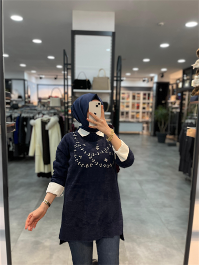 Nuss Triko Önü Taşlı Angora Tunik - Lacivert