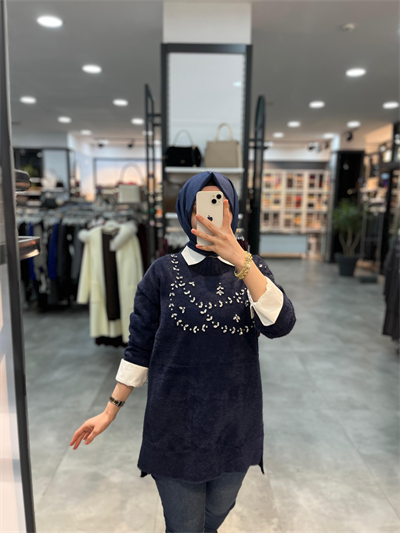 Nuss Triko Önü Taşlı Angora Tunik - Lacivert
