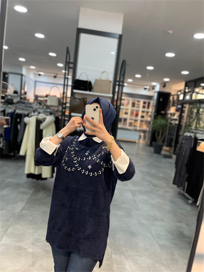 Nuss Triko Önü Taşlı Angora Tunik - Lacivert