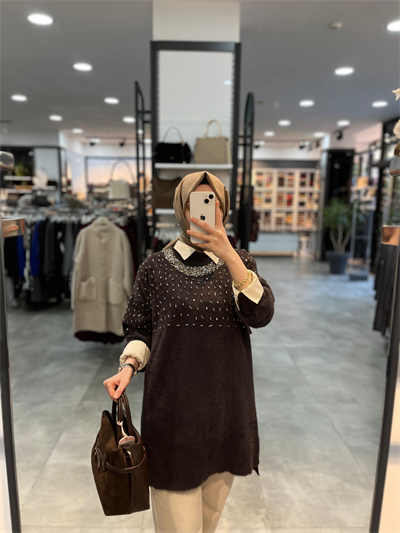 Nuss Triko Yaka Ve Önü Taşlı Angora Tunik - Kahve