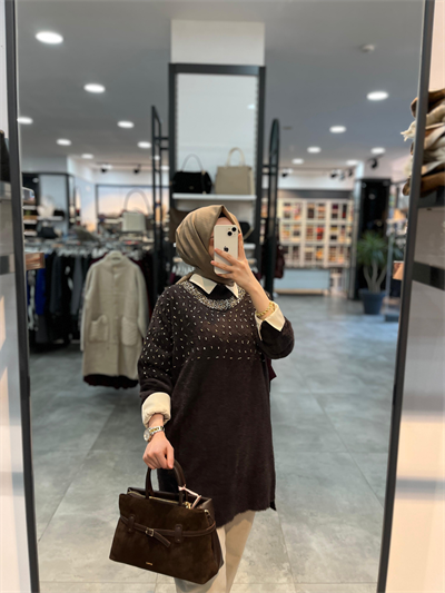 Nuss Triko Yaka Ve Önü Taşlı Angora Tunik - Kahve