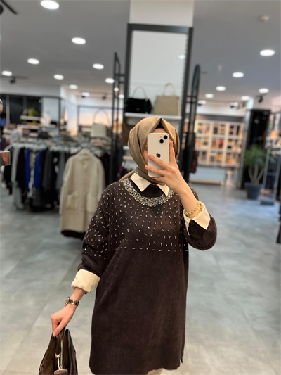 Nuss Triko Yaka Ve Önü Taşlı Angora Tunik - Kahve