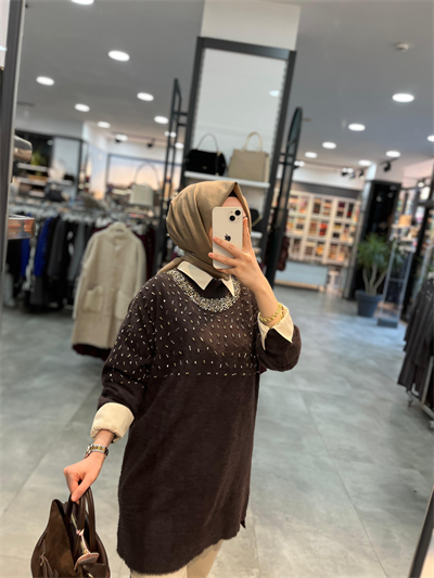 Nuss Triko Yaka Ve Önü Taşlı Angora Tunik - Kahve