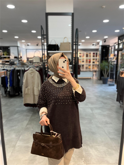 Nuss Triko Yaka Ve Önü Taşlı Angora Tunik - Kahve