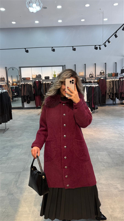 Nuss Triko Yakası Kürklü Torba Cepli Angora Kaban - Bordo