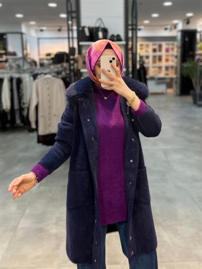 Nuss Triko Yakası Kürklü Torba Cepli Angora Kaban - Lacivert