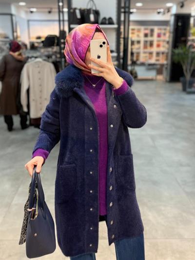 Nuss Triko Yakası Kürklü Torba Cepli Angora Kaban - Lacivert
