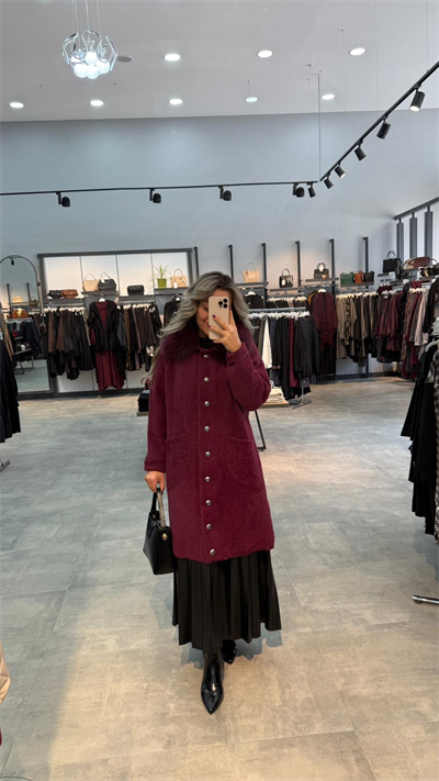 Nuss Triko Yakası Kürklü Torba Cepli Angora Kaban - Bordo