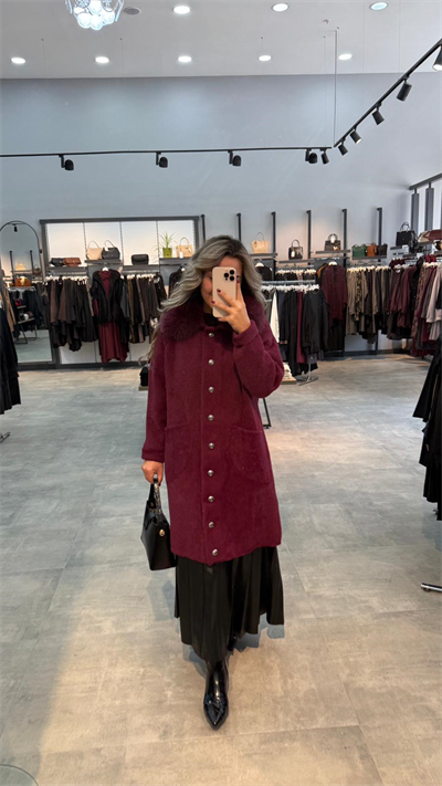 Nuss Triko Yakası Kürklü Torba Cepli Angora Kaban - Bordo