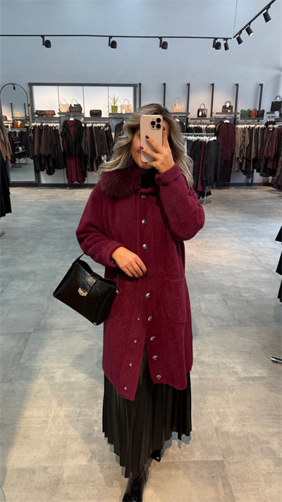 Nuss Triko Yakası Kürklü Torba Cepli Angora Kaban - Bordo