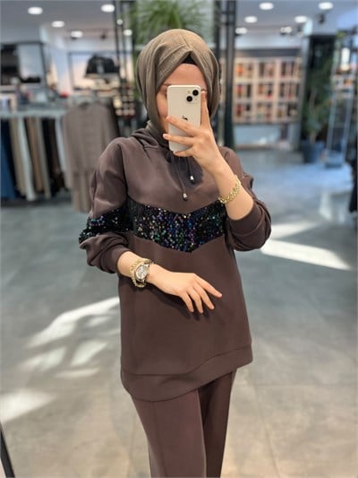 Nuss Verev Pul Payet Detaylı  Pantolonlu Takım - Kahve