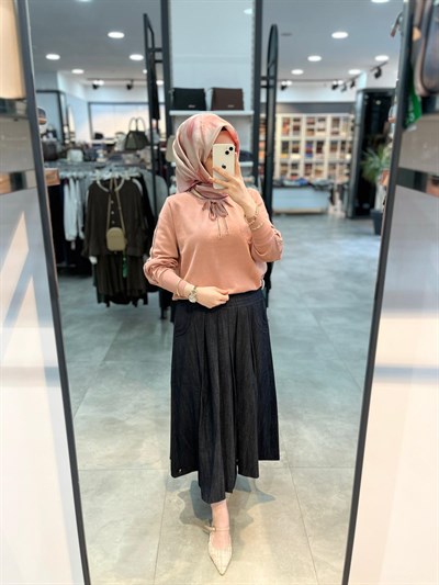 On Triko Beli Korsajlı Kalın Pileli Denim Etek - Siyah
