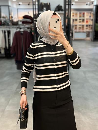 On Triko Çizgili Sıfır Yaka Hırka - Siyah