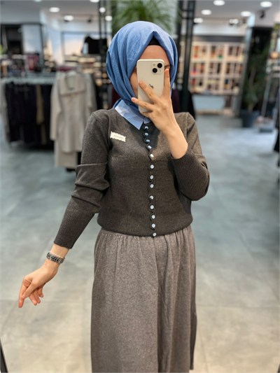 On Triko Gömlek Yakalı Hırka - Koyu Gri