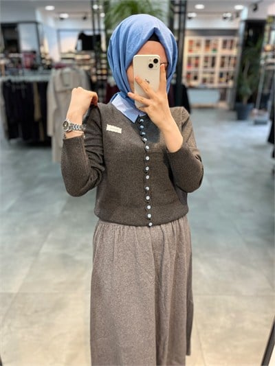 On Triko Gömlek Yakalı Hırka - Koyu Gri