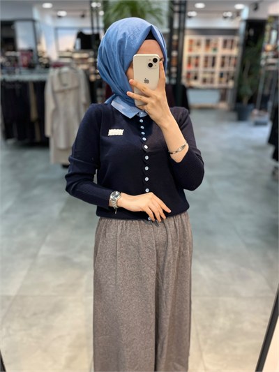 On Triko Gömlek Yakalı Hırka - Lacivert