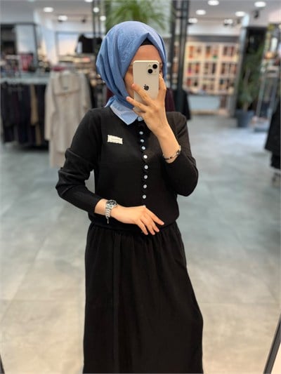 On Triko Gömlek Yakalı Hırka - Siyah