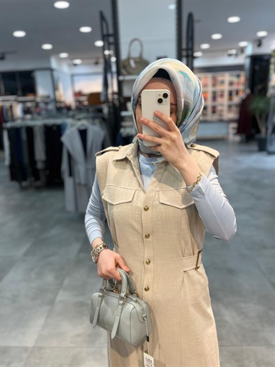 On Triko Kolsuz Düğmeli Midi Elbise - Bej