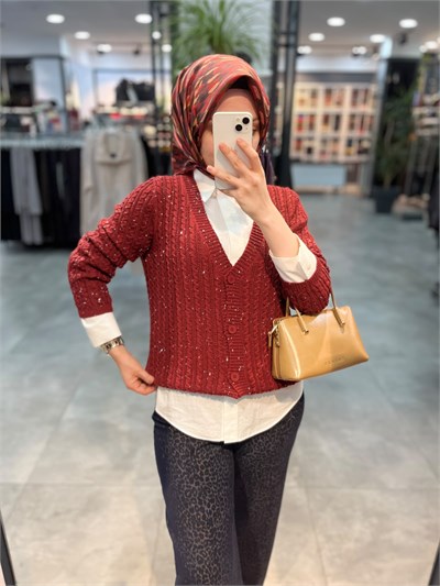 On Triko Örgü Desen Pullu Hırka - Bordo