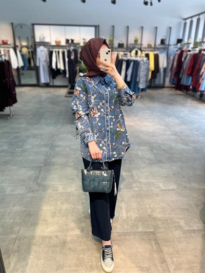 On Triko Pul Payet Nakışlı Denim Gömlek - Mavi