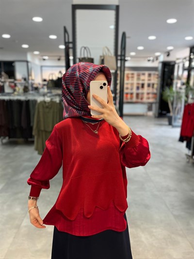 On Triko Saten Triko Kombinli Bluz - Bordo
