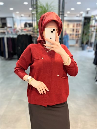 On Triko Tek Cep Detaylı Dik Yaka Kazak - Bordo