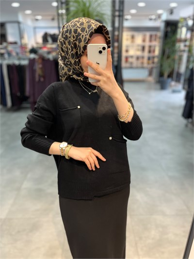 On Triko Tek Cep Detaylı Dik Yaka Kazak - Siyah