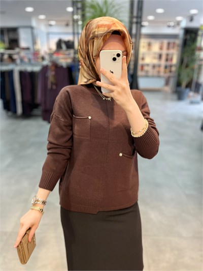 On Triko Tek Cep Detaylı Dik Yaka Kazak - Kahve