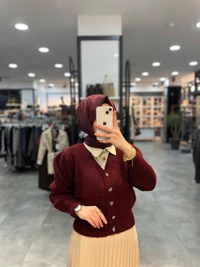 On Triko V Yaka Kalp Düğme Detaylı Simli Hırka - Bordo