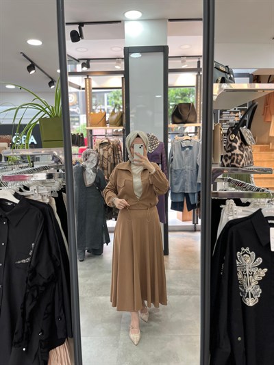Qotans Örme Kumaş Ceket Etek Takım - Camel