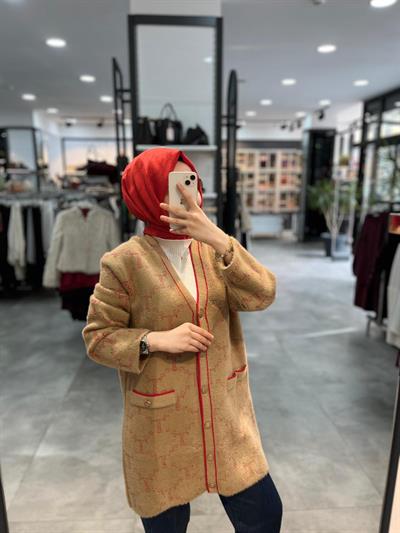 Tığ Triko Logo Desenli Mink Hırka - Camel