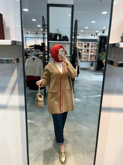 Tığ Triko Logo Desenli Mink Hırka - Camel