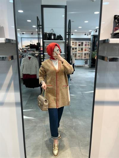 Tığ Triko Logo Desenli Mink Hırka - Camel