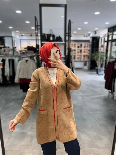 Tığ Triko Logo Desenli Mink Hırka - Camel
