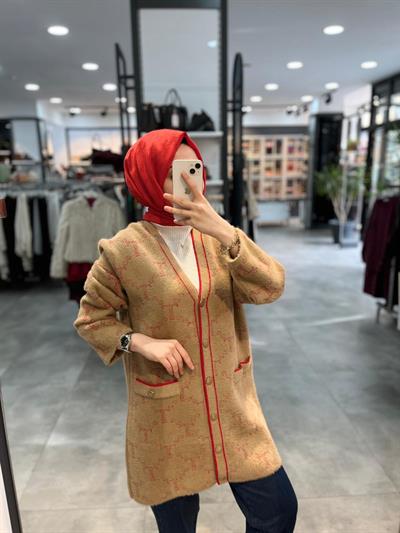 Tığ Triko Logo Desenli Mink Hırka - Camel