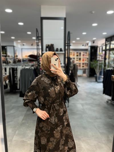 Tuğba Çiçek Desenli Elbise - Kahve