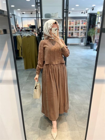 Tuğba Eteği Pileli Takım - Açık Kahve