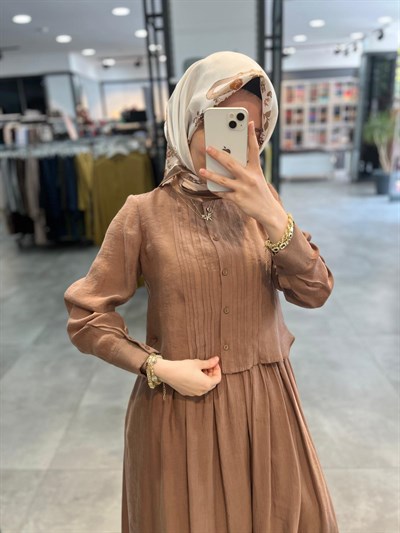 Tuğba Eteği Pileli Takım - Açık Kahve