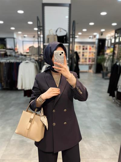 Tuğba Gold Düğme Detaylı Ceket Pantolon Takım - Lacivert